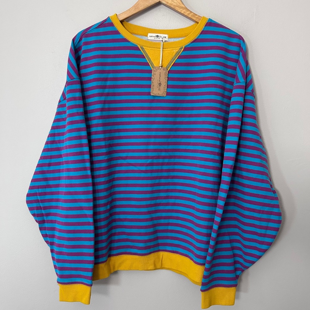 Natural Life Sweatshirt Womens S/M Blue Purple Stripe Oversized Pullover NWT